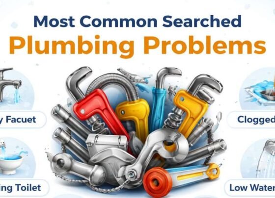 Most common plumbing problems infographic showing leaks, clogs, pipe bursts, and water pressure issues.