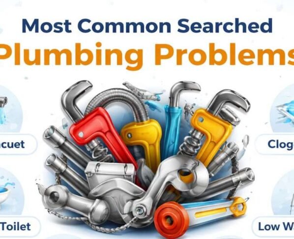Most common plumbing problems infographic showing leaks, clogs, pipe bursts, and water pressure issues.