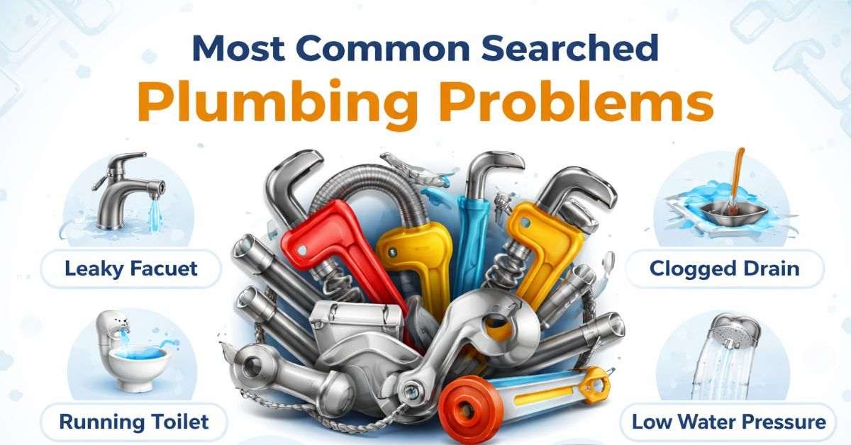 Most common plumbing problems infographic showing leaks, clogs, pipe bursts, and water pressure issues.